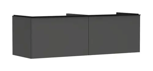 Grauer Waschtischunterschrank mit zwei Schubkästen, geeignet für Konsolen-Aufsatzwaschtische. Design von Hansgrohe, einfaches, modernes Aussehen.